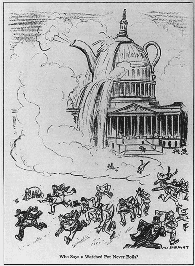 A drawn political cartoon on Senator Walsh and the Teapot Dome scandal.